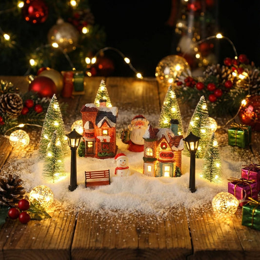 Soulchen Christmas Village Set - 14 Pcs Lighted Tabletop Decor with Mint Scented Candle | Festive Figurines for Holiday Celebrations