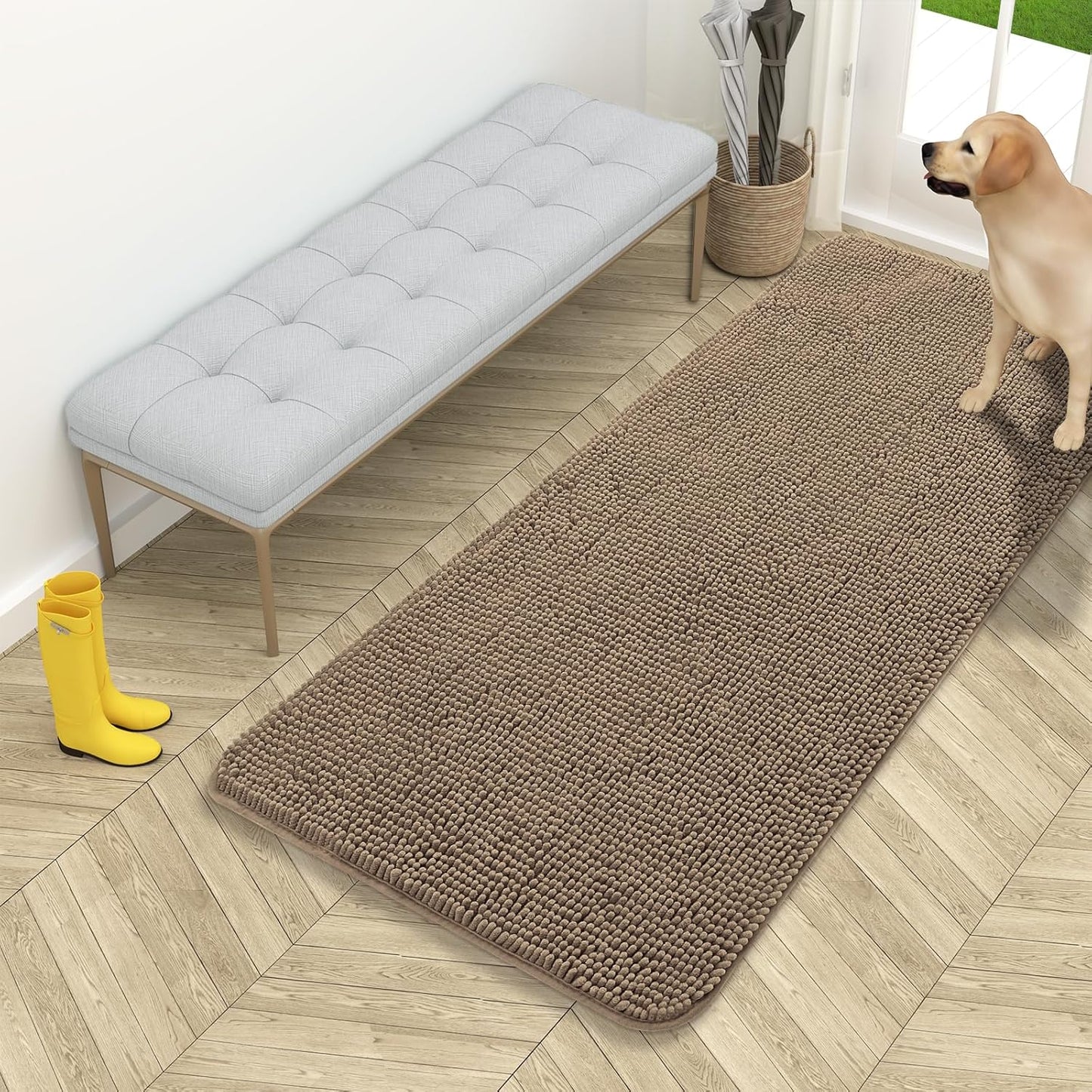 OLANLY Dog Door Mat - Absorbent Non-Slip Chenille Mat for Muddy Paws | 54x24 Inches, Tan Color