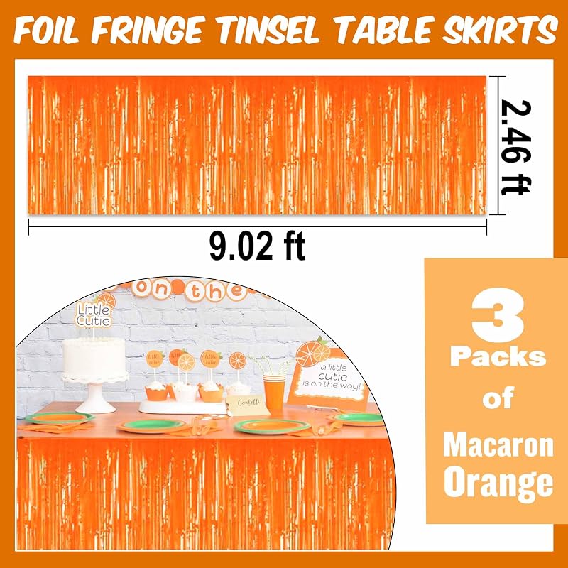 Macaron Orange Variation 3 Pack Foil Fringe Table Skirts - 29x108 in, Tinsel Backdrop