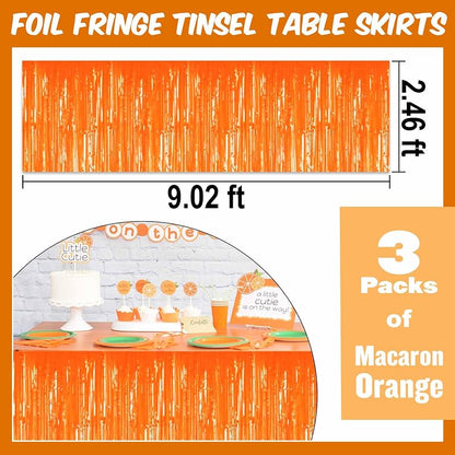 Macaron Orange Variation 3 Pack Foil Fringe Table Skirts - 29x108 in, Tinsel Backdrop