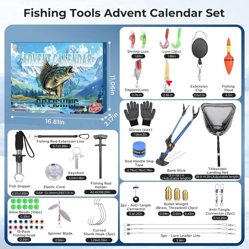 Fishing Advent Calendar 2025 - 24-Day Countdown with Telescopic Landing Net, Fish Gripper & Rod Holder