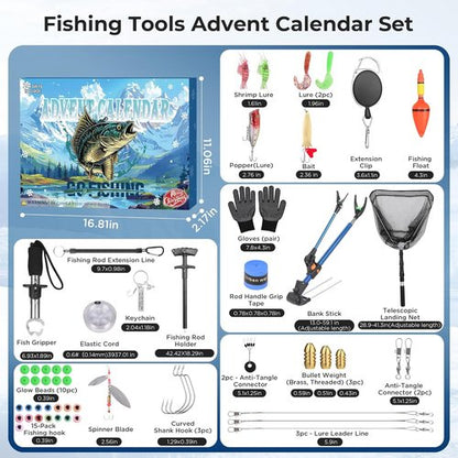 Fishing Advent Calendar 2025 - 24-Day Countdown with Telescopic Landing Net, Fish Gripper & Rod Holder