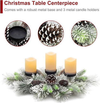 Handcrafted Christmas Centerpiece by [Brand Name] - Snowy Pine Cones & Candle Holders for Dining Table | 27.5 in