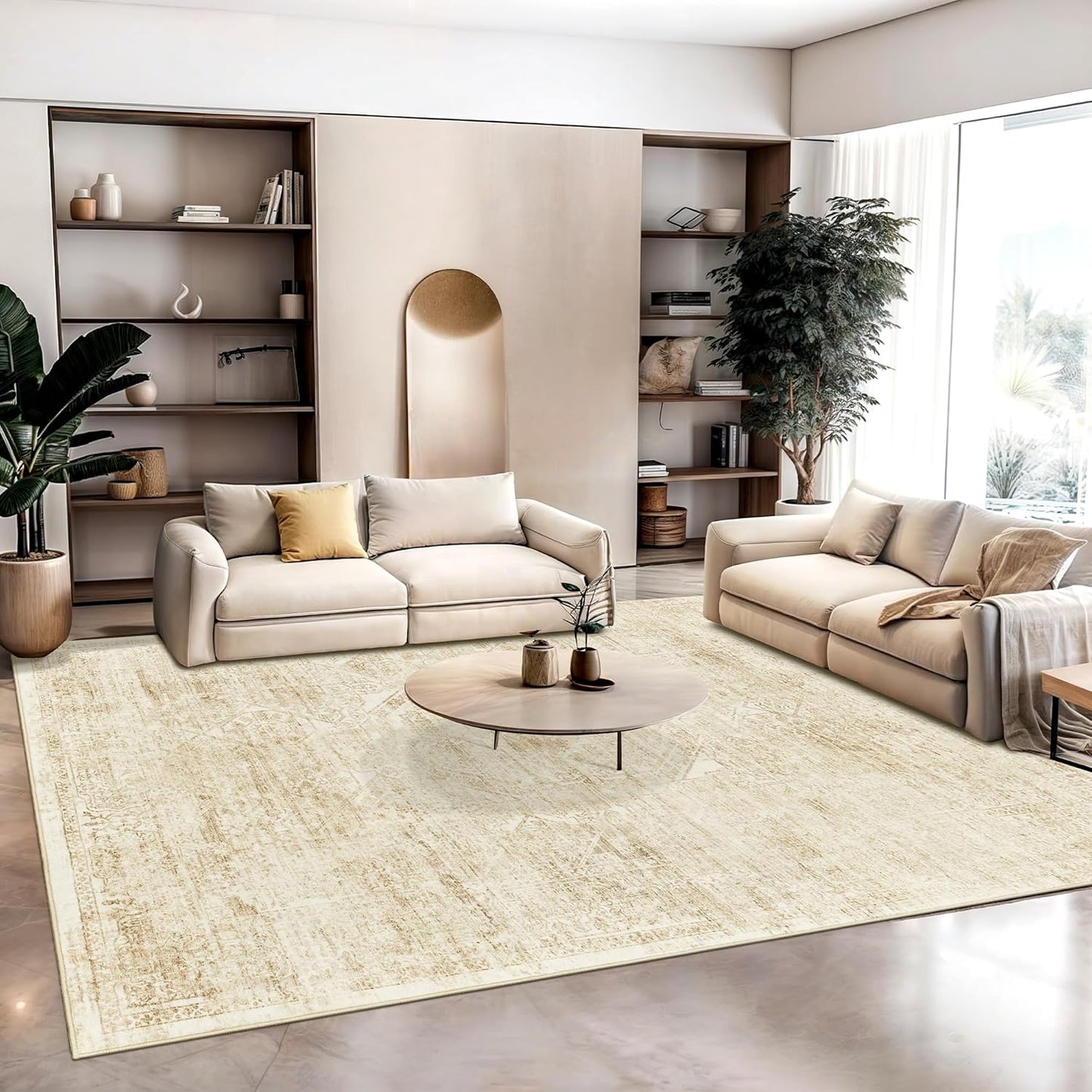 Soalmost Washable Area Rug - Large Vintage Beige 8x10 Soft Non-Slip Rug for Living Room & Bedroom