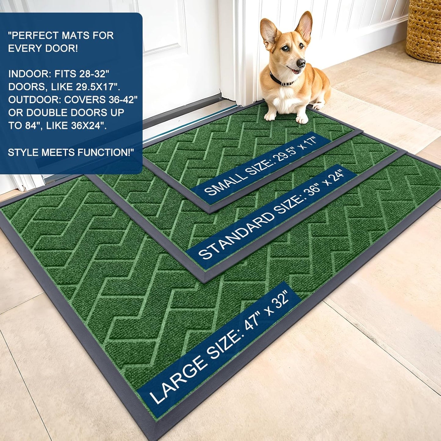 OLANLY Indoor Outdoor Front Door Mat - Waterproof All-Weather Herringbone Design | Easy Clean, 47x17 Inches (Green)