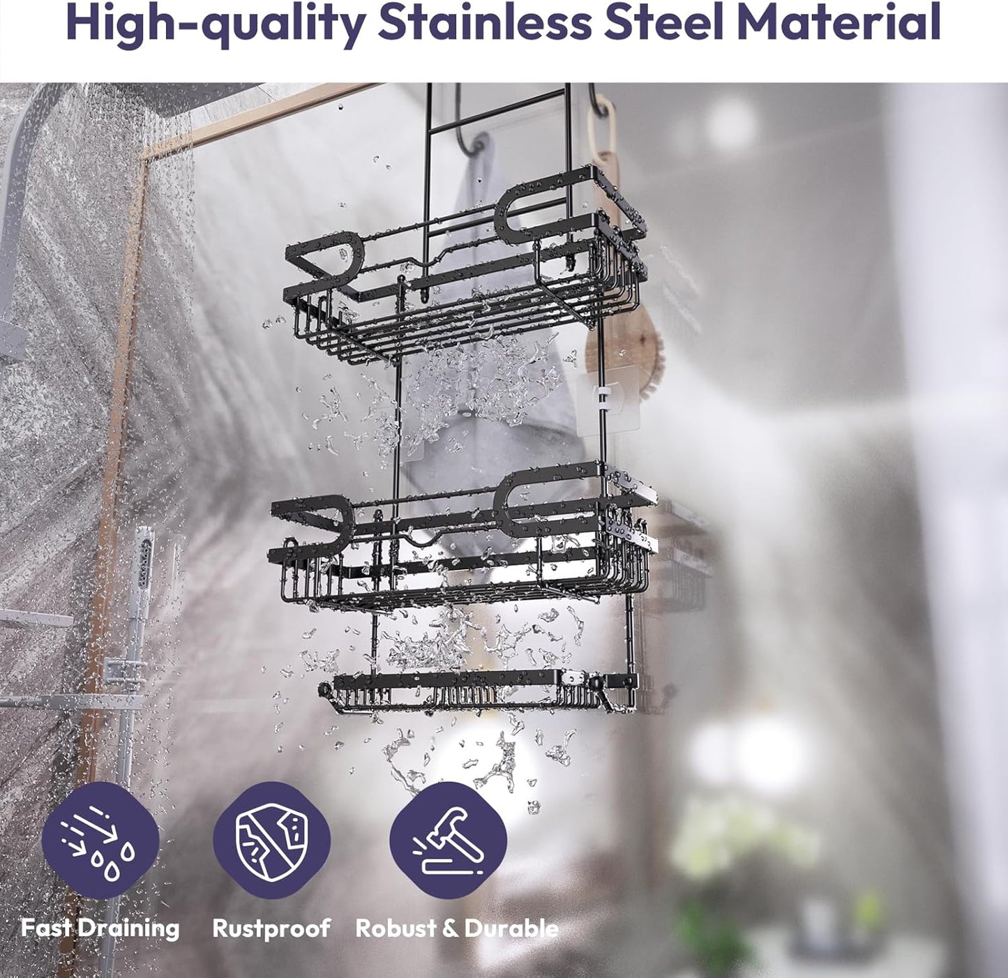 SWTYMIKI Over The Door Shower Caddy - Hanging Organizer with Double Soap Holder & 16 Hooks | Black