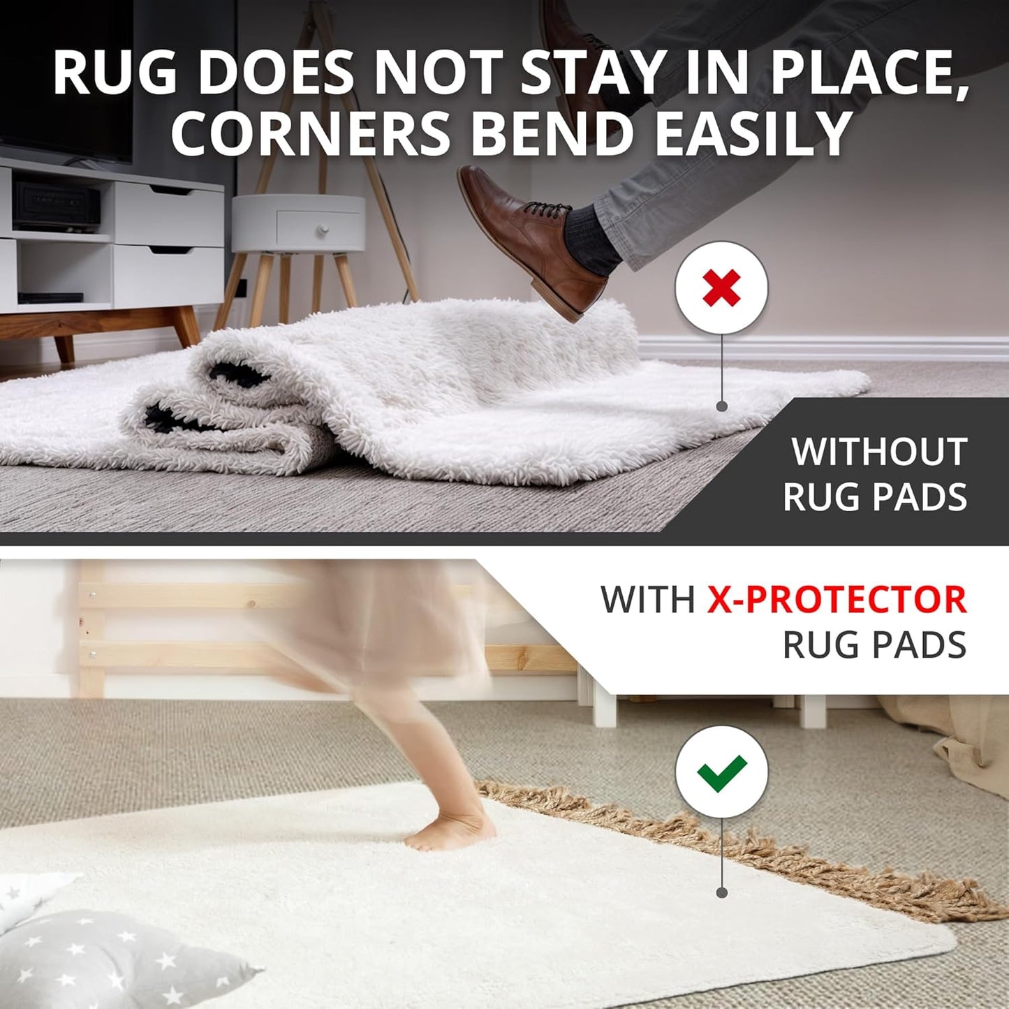 X-Protector Rug Tape | 12 Pcs Anti-Slip & Anti-Curling Carpet Gripper - Premium White Rug Pad