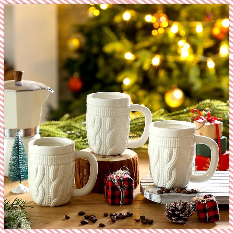 Set of 6 Christmas Sweater Mugs, 13.5 oz Ceramic White Cup