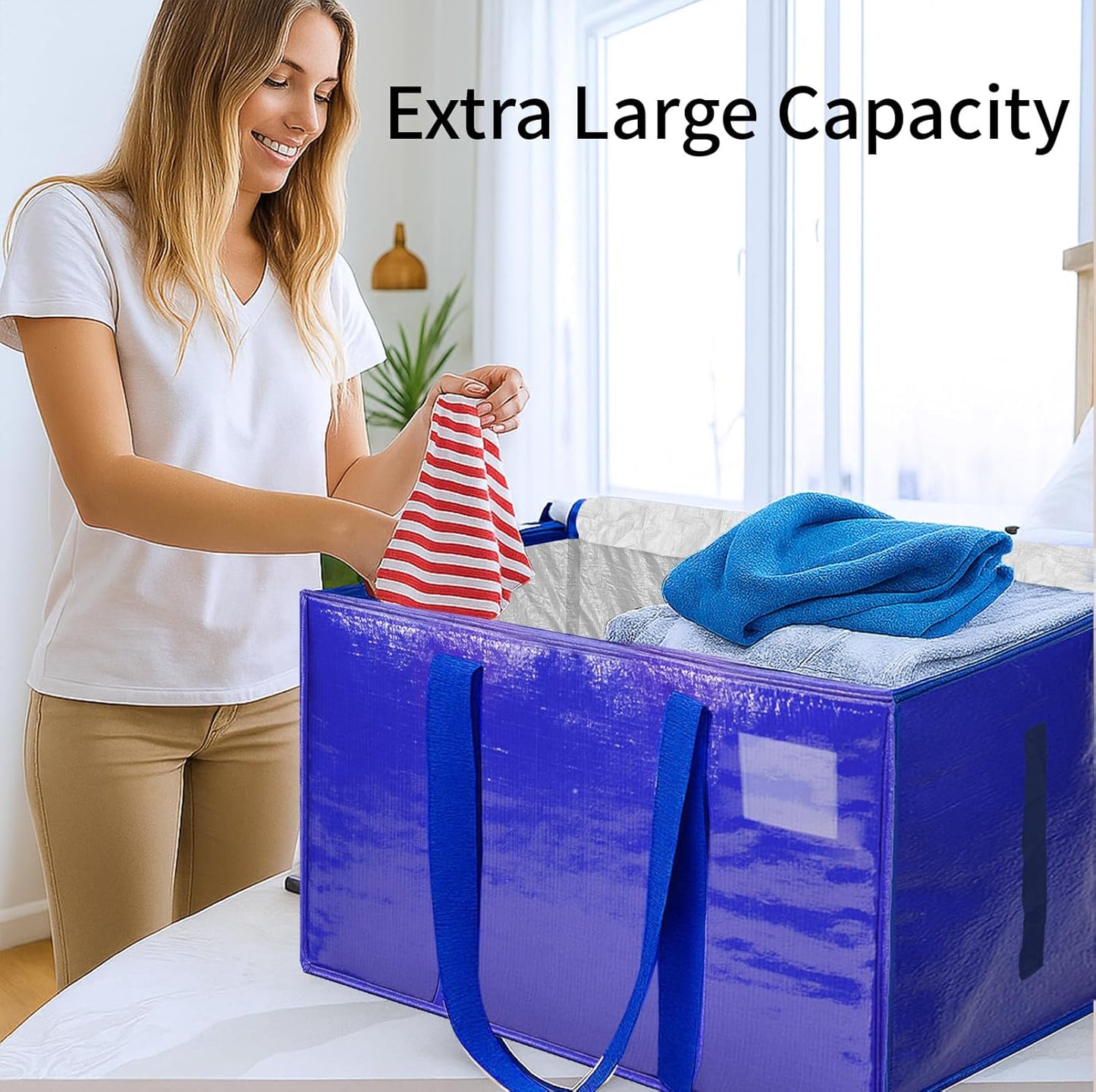 Skiennix Extra Large Heavy Duty Moving Bags - Waterproof Storage Totes with Zippers & Handles | 6 Pack (Blue)