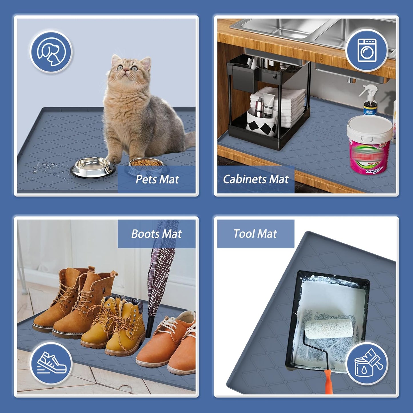 URMONA Waterproof Silicone Mat - 34" x 22" Under Sink Mat for Kitchen & Bathroom | Pet Food Pad in Light Grey