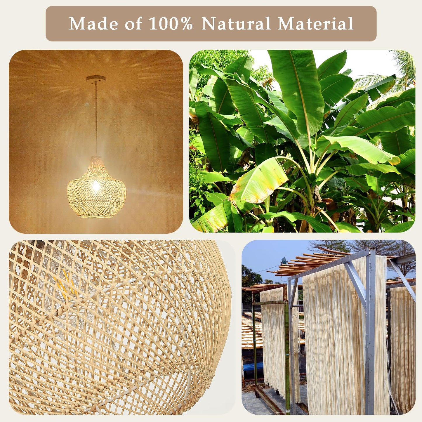 QianZhan Rattan Pendant Lights, 13.4" Hand-Woven Boho Lighting Fixture Wicker Weaving Chandelier Coastal Basket Hanging Ceiling Lamp for Kitchen Island Dining Room Restaurants Bedroom Hallway