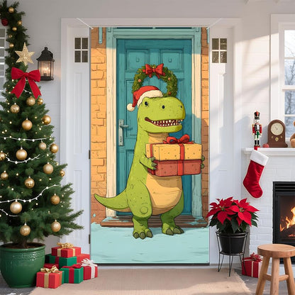 Green Dinosaur Christmas Door Banner 70.8 x 35.4 Inch - Indoor/Outdoor Holiday Decor