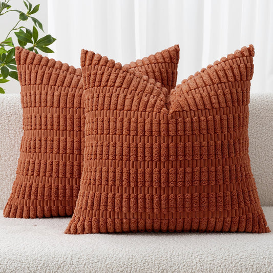 MIULEE Rust Corduroy Decorative Pillow Covers - Soft Boho Striped Design | 20x20 Inch for Modern Farmhouse Decor