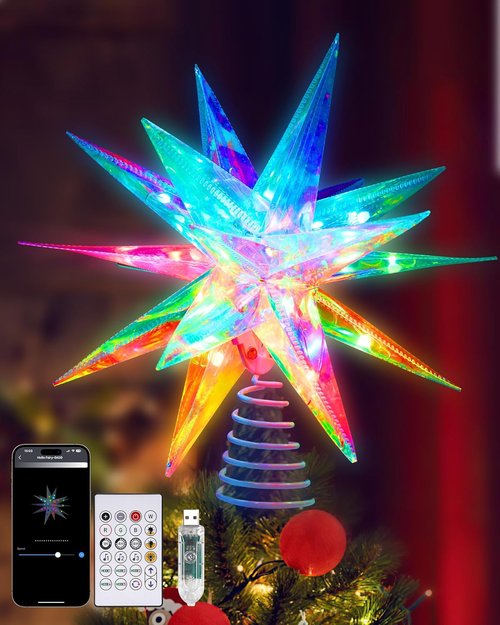 Ariceleo RGB LED Christmas Tree Topper Star - App-Controlled, USB Powered, 16.5" Decorative Multi-Color Star