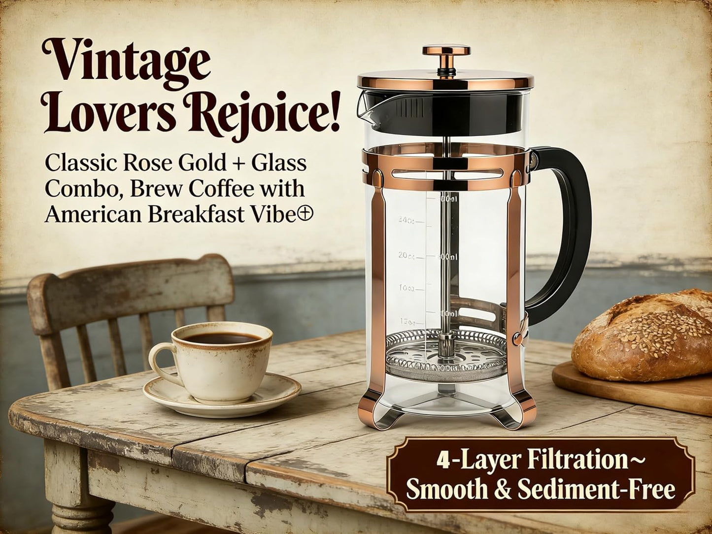 Skiennix French Press Coffee Maker - 21 oz Stainless Steel & Borosilicate Glass | Heat-Resistant, BPA-Free