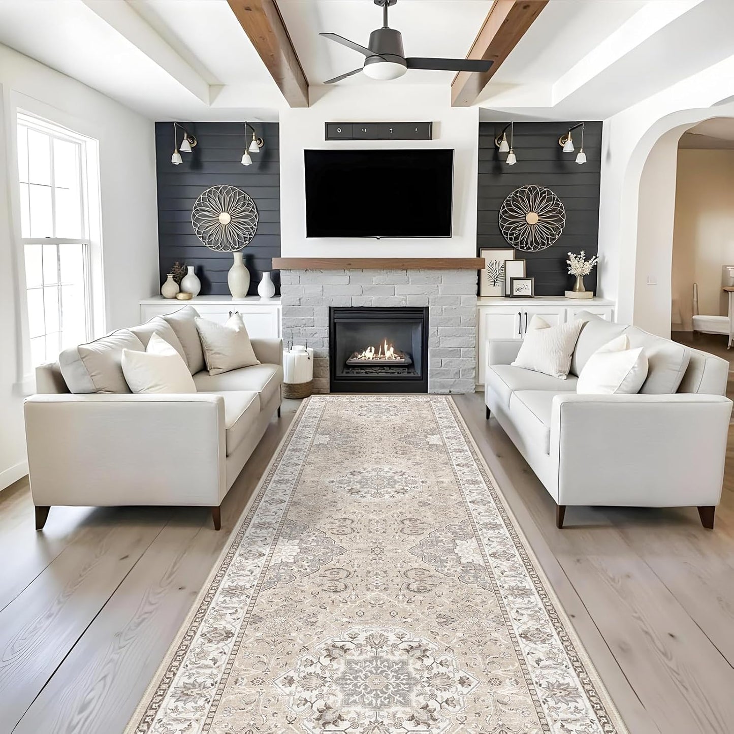 Skiennix Washable 4x12 Wide Hallway Runner - Vintage Soft Non-Slip Water-Resistant Rug | Beige