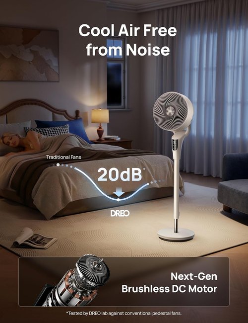 DREO Oscillating Standing Fan - 90° Airflow, 20dB Quiet Operation, Adjustable Height 38-42''