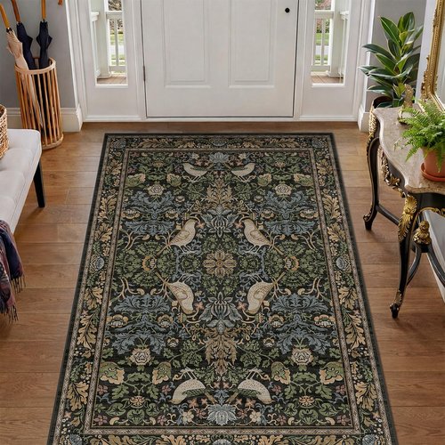 Large Entryway Rugs Indoor - 3x5 Washable Rugs for Kitchen Bedroom Beside Bed Door Mat Indoor Entrance with Moody Woodland Flowers, Non Slip Stain Resistant Low Pile