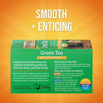 Twinings Decaffeinated Green Tea Individually Wrapped Bags, 20 Count (Pack of 6), Smooth Flavour, Enticing Aroma, Enjoy Hot or Iced, 120 Teabags
