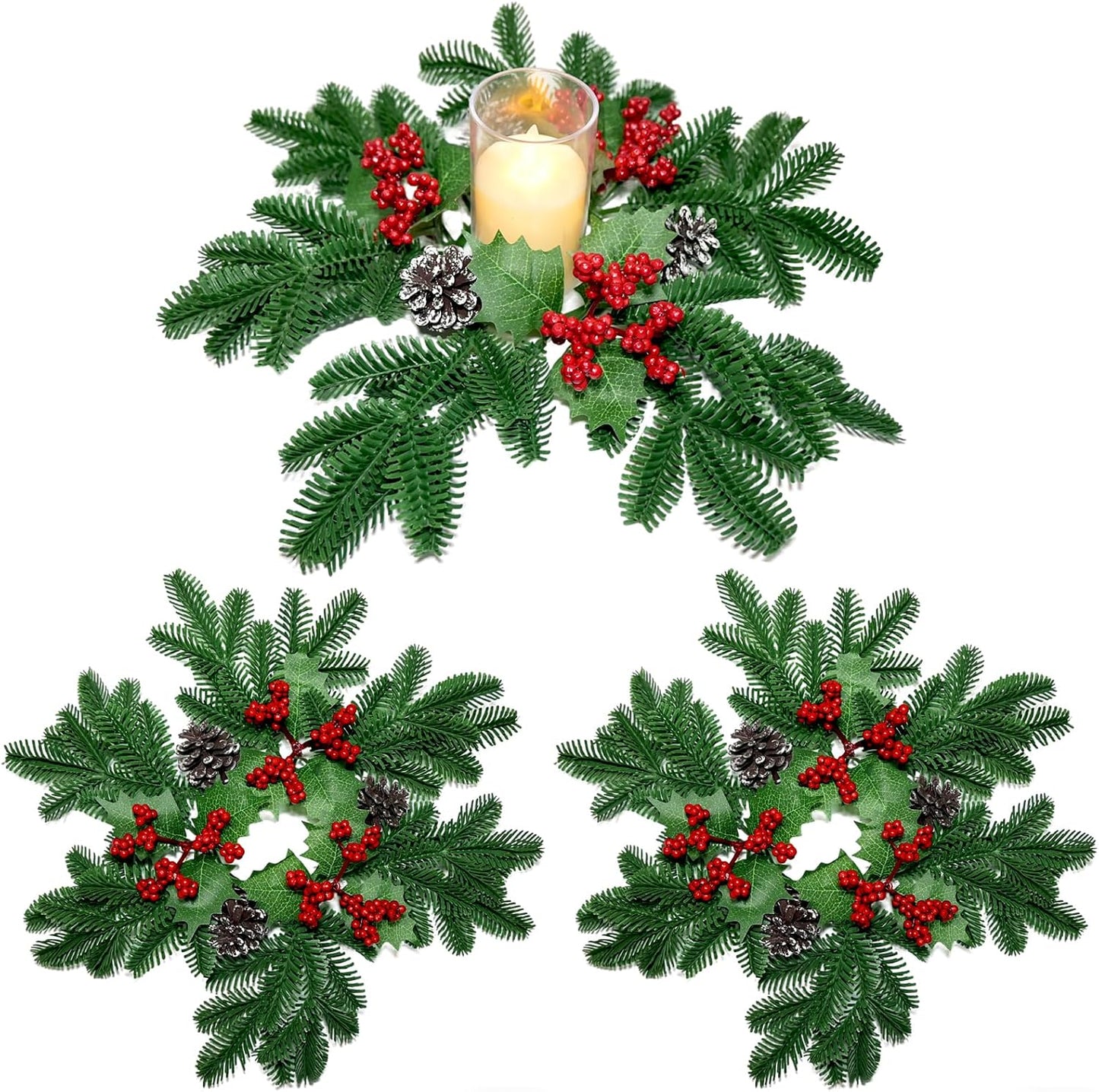 Skiennix Christmas Small Wreaths - 3Pcs 13.5-Inch Greenery Pine Candle Holder Rings for Home Decor
