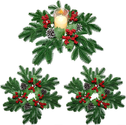 Skiennix Christmas Small Wreaths - 3Pcs 13.5-Inch Greenery Pine Candle Holder Rings for Home Decor