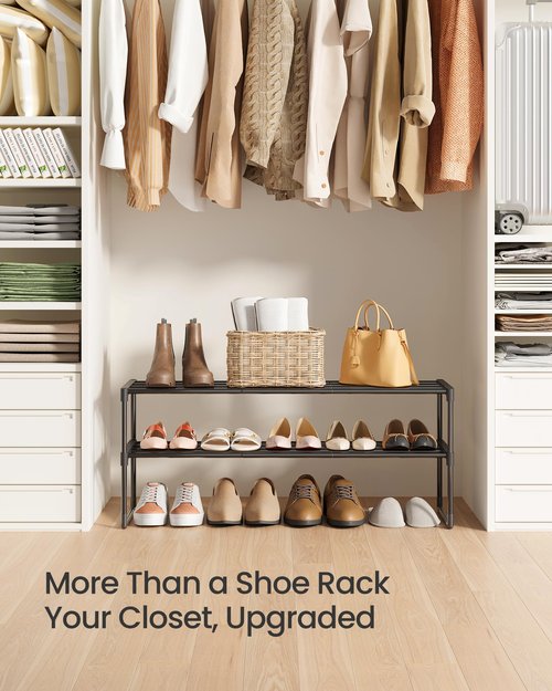 SONGMICS Shoe Rack, 2-Tier Shoe Organizer, Metal Storage Shelf, Upright or Upside Down, for 12-15 Pairs, Stackable, for Entryway, 11.8 x 36.2 x 14.6 Inches, Black ULSA12BK