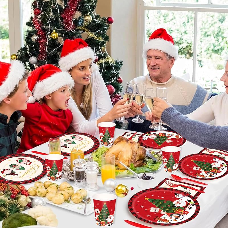 175Pcs Christmas Disposable Dinnerware Set – 25 Plates 9" & 7", Cups, Napkins & Cutlery, Red Holiday party supplies