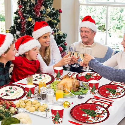 175Pcs Christmas Disposable Dinnerware Set – 25 Plates 9" & 7", Cups, Napkins & Cutlery, Red Holiday party supplies
