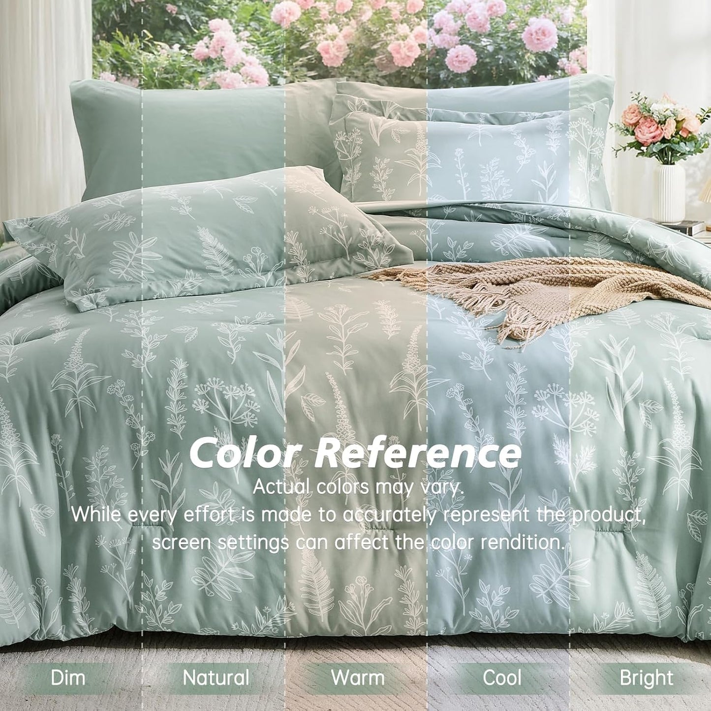 MUXHOMO Queen Comforter Set - 7-Piece Sage Green Bedding with Reversible Botanical Design & Ultra Soft Fabric
