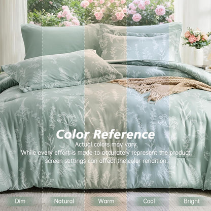 MUXHOMO Queen Comforter Set - 7-Piece Sage Green Bedding with Reversible Botanical Design & Ultra Soft Fabric