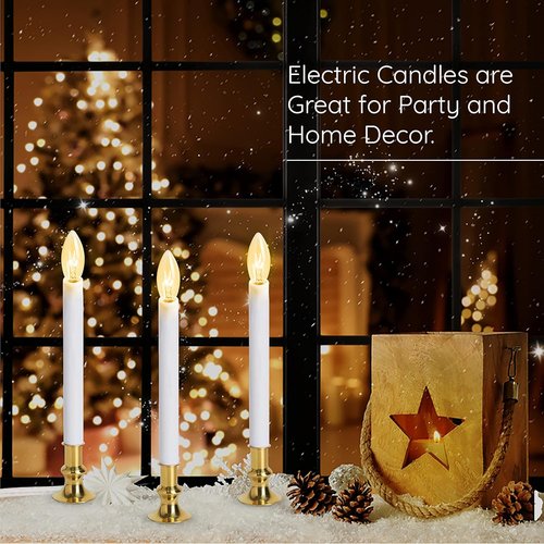 Electric Christmas Window Candle Lamp - 6-Pack | Brass-Plated Base with LED Bulbs | Dusk-to-Dawn Sensor