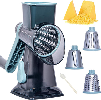 Rotary Cheese Grater by [Brand Name] - Handheld Cheese Shredder with Strong Suction Base | 3 Stainless Drum Blades, Easy to Clean (Blue)