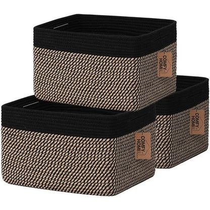 Comfy-Homi Cotton Rope Square Baskets - Versatile Storage Bins with Handles | 13.5" x 11" x 9.5" | Black/Jute
