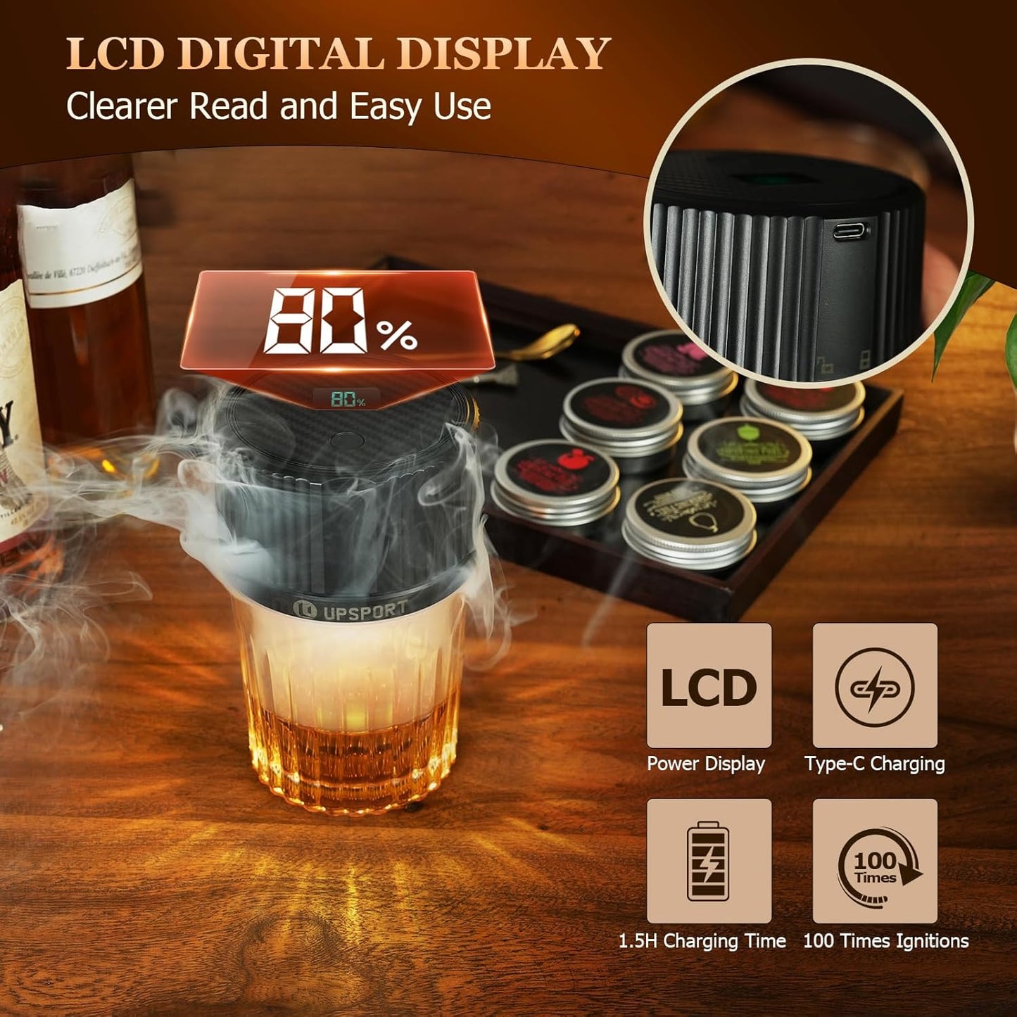 Old Fashioned | Automatic Electric Whiskey Smoker Kit - Rechargeable Infuser with 4 Light Modes & 6 Wood Chips