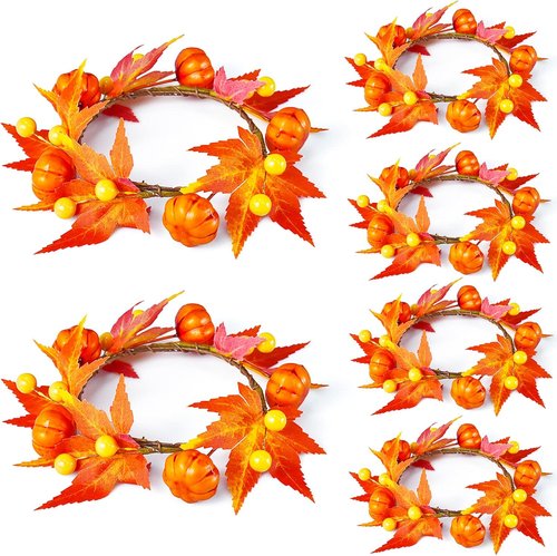 Fall Candle Rings by 6Pcs | Artificial Pumpkin & Maple Leaf Wreaths for Autumn Decor | 3.1" ID / 7" OD
