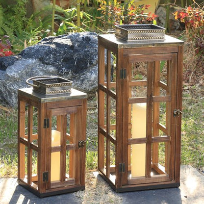 DECORKEY Large Rustic Wooden & Metal Lantern Set - 28''/20'' H Indoor/Outdoor Candle Holders | Dark Brown