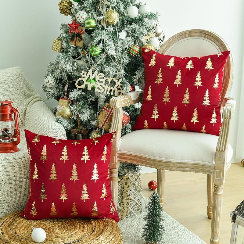 Christmas Red Velvet Throw Pillow Covers 18x18 in - Gold Foil Tree Design, Set of 2