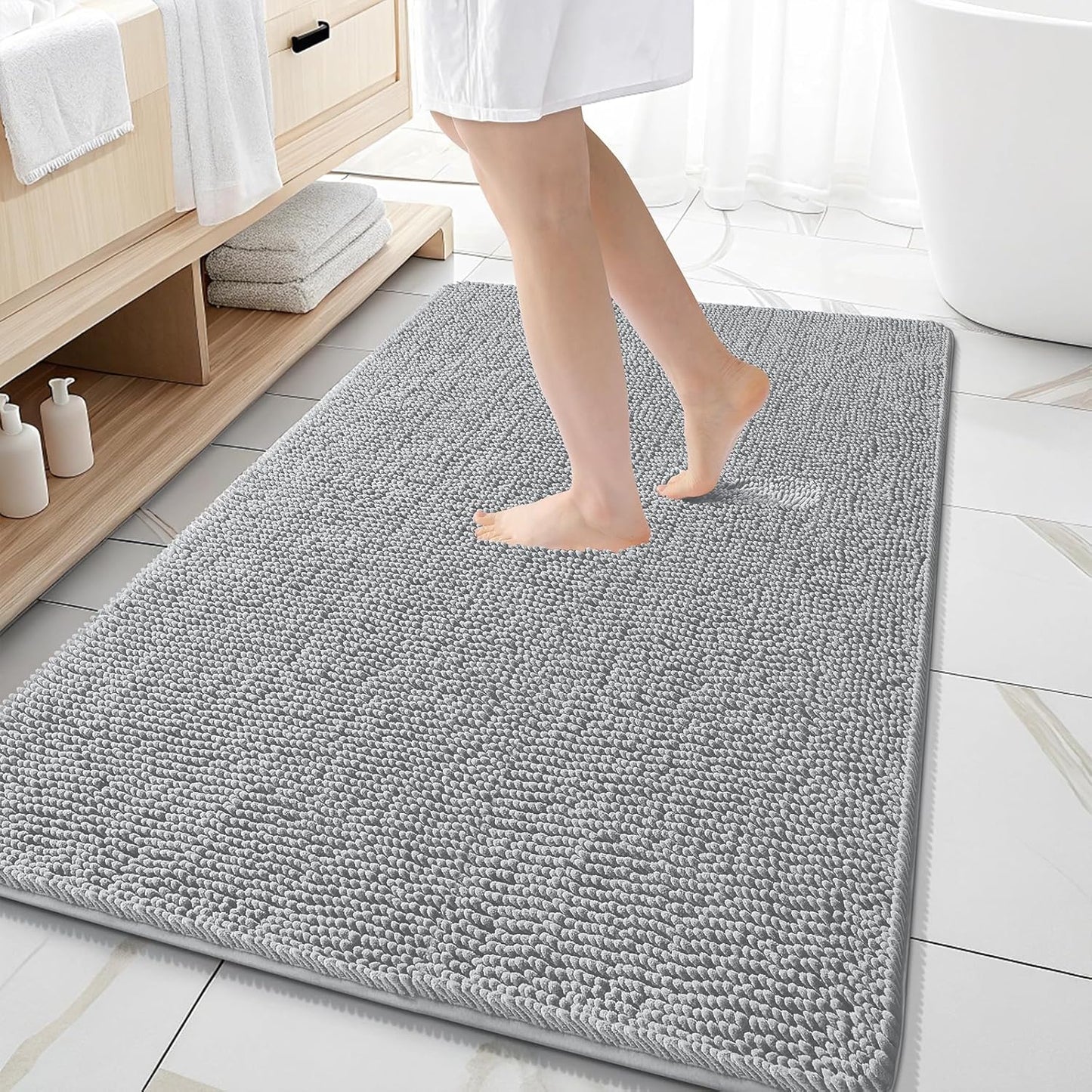 OLANLY Large Bathroom Rugs - Extra Soft Chenille Bath Mats | Quick-Dry, Machine Washable, Light Grey 59x35