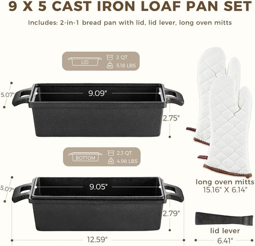 HONGBAKE Cast Iron Bread Pan - 2 in 1 with Lid & Lever | Pre-Seasoned Nonstick 9x5 Sourdough Loaf Pan