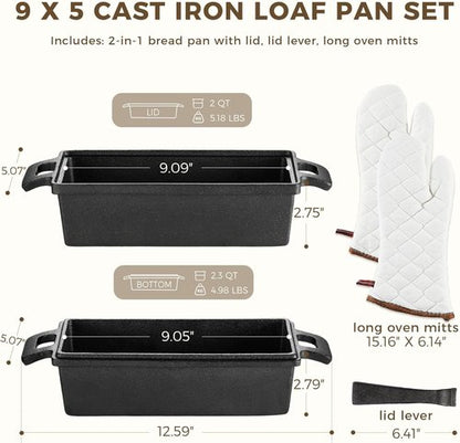 HONGBAKE Cast Iron Bread Pan - 2 in 1 with Lid & Lever | Pre-Seasoned Nonstick 9x5 Sourdough Loaf Pan