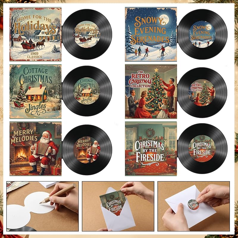 Vinyl Record Christmas Cards Set - 48 Blank Greeting Cards with Envelopes