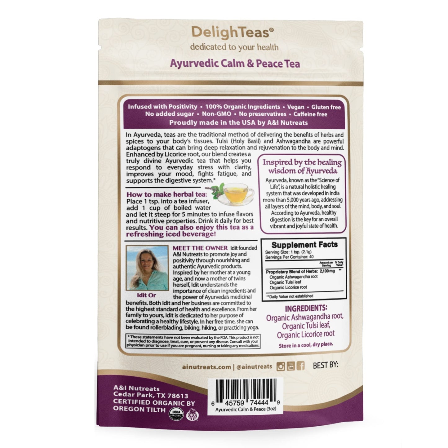 DelighTeas Organic Calm & Peace Tulsi Holy Basil Tea | Ayurvedic Loose Leaf Tulsi, Ashwagandha and Licorice Tea | Adaptogen Blend | USDA Organic, Non-GMO, Caffeine Free, Sugar Free | 40 Servings, 3 oz