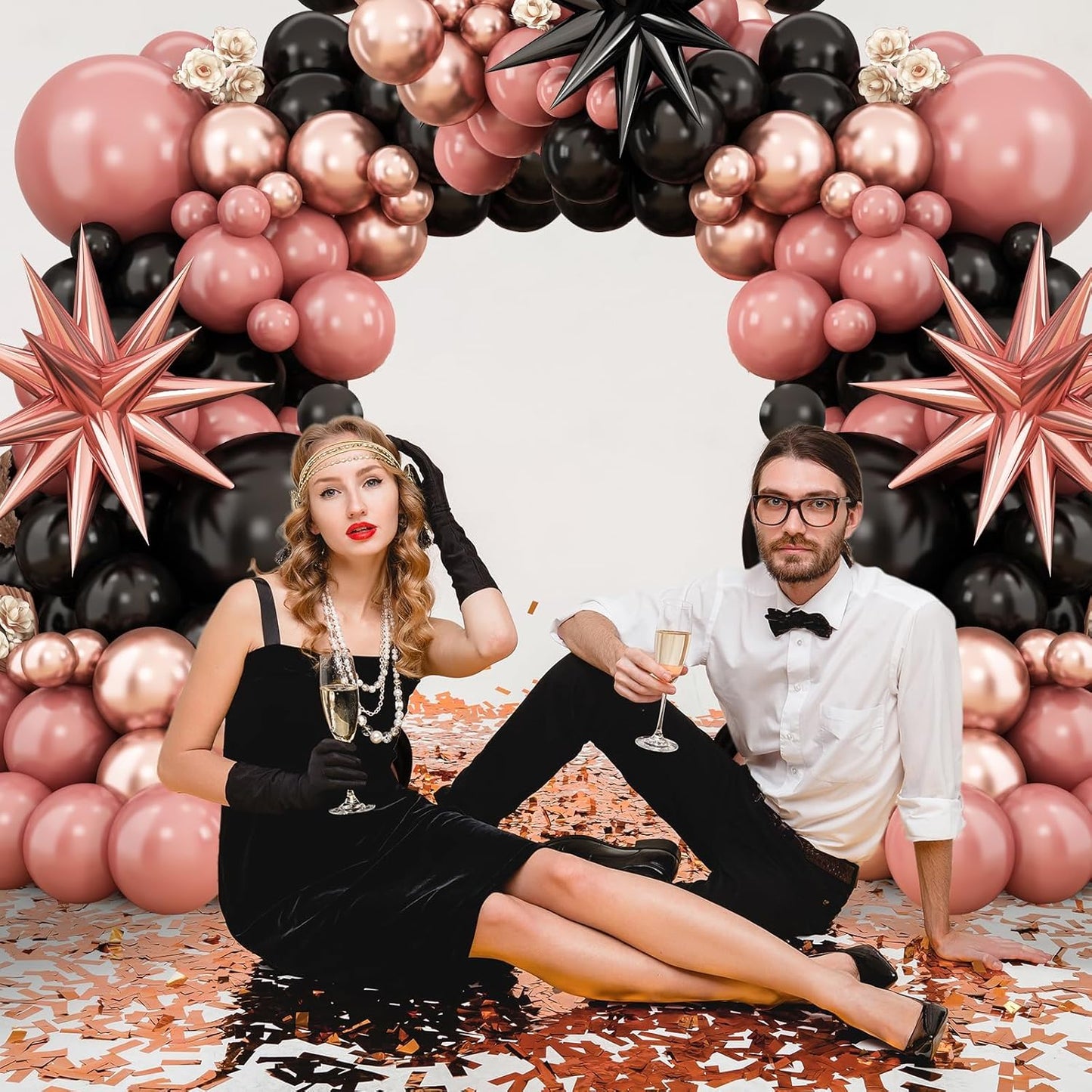 Skiennix Dusty Pink & Black Balloon Arch | Blush Pink Garland with Rose Gold Foil Stars for Parties