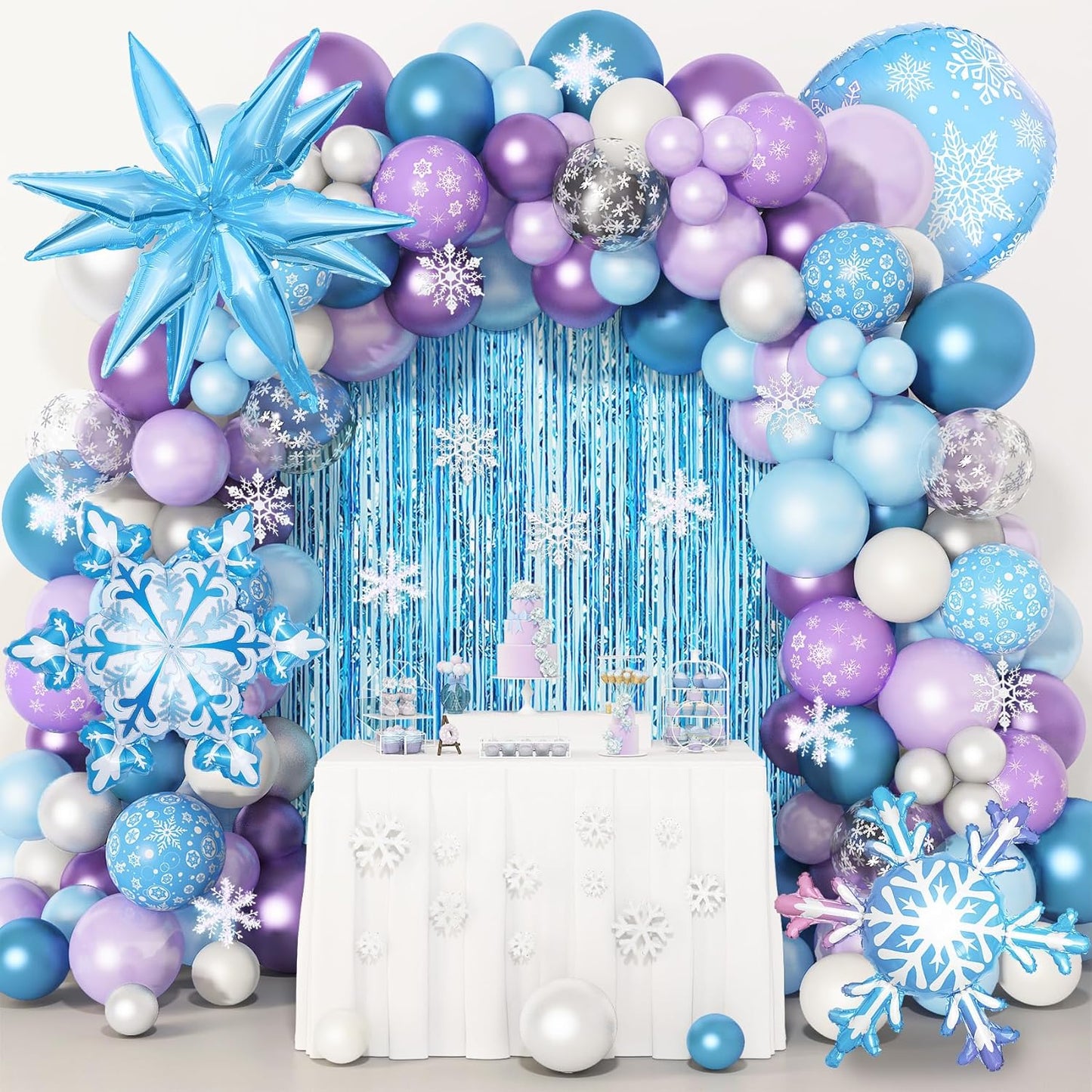 Amandir Snow Birthday Party Supplies - 162PCS Balloon Garland & Fringe Curtain | Winter Wonderland Decor
