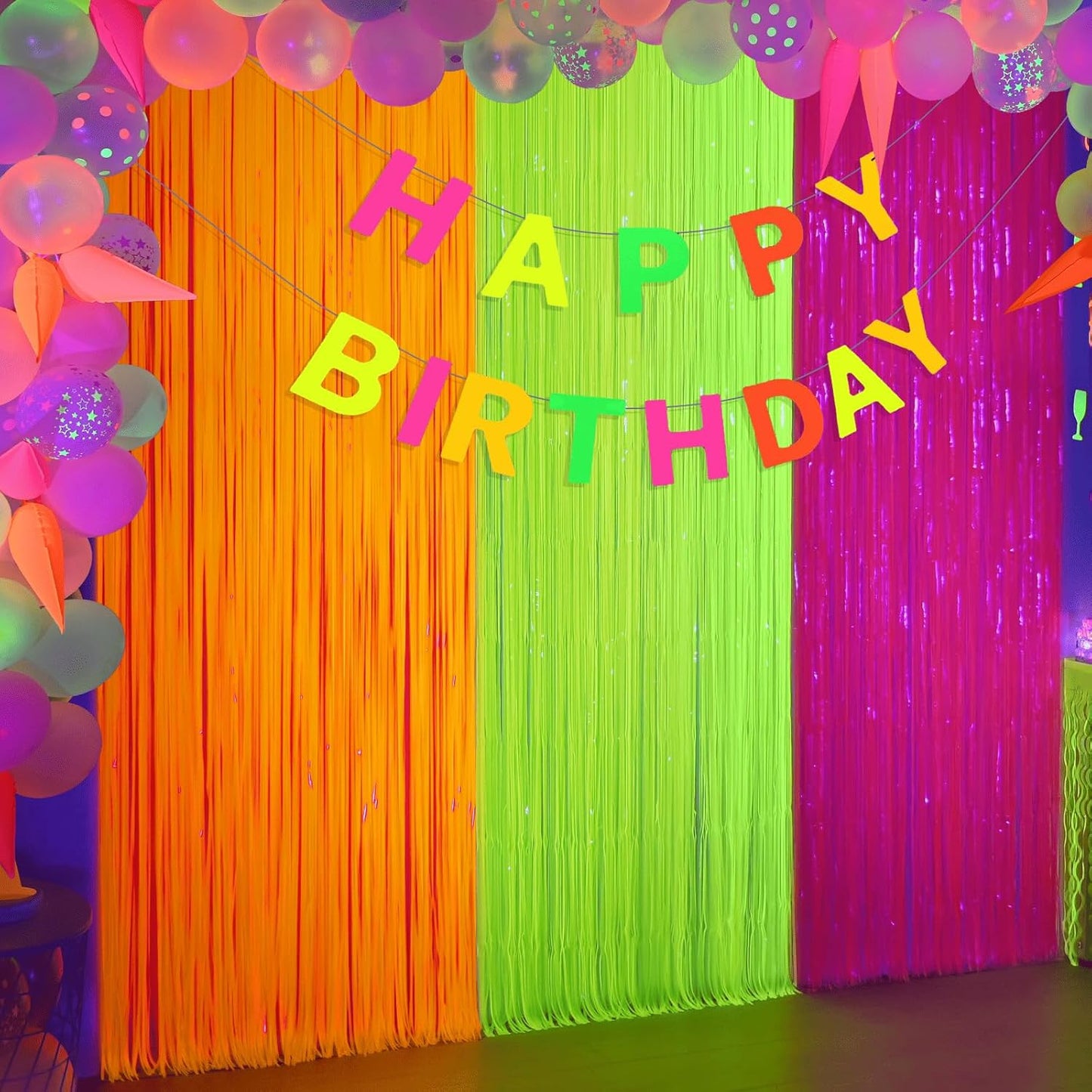 Mega-L Glow In The Dark Party Supplies - 3 Pack Neon Tinsel Foil Fringe Curtains | 9.9 x 6.6 ft Backdrop for Birthday & New Year's Eve Celebrations