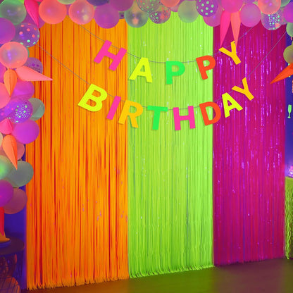Mega-L Glow In The Dark Party Supplies - 3 Pack Neon Tinsel Foil Fringe Curtains | 9.9 x 6.6 ft Backdrop for Birthday & New Year's Eve Celebrations