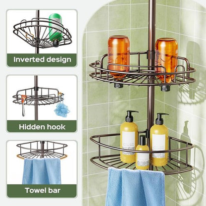 HAMITOR Corner Shower Caddy - 4-Tier Rust-Resistant Bathroom Organizer | Adjustable 47-121 Inch, No-Drill Installation - Bronze