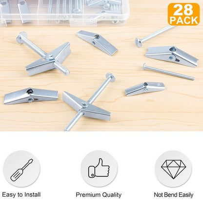 KURUI Heavy Duty Hollow Wall Anchors - 28-Piece Metal Drywall Anchor Kit with Toggle Bolts & Wing Nuts | 3 Sizes