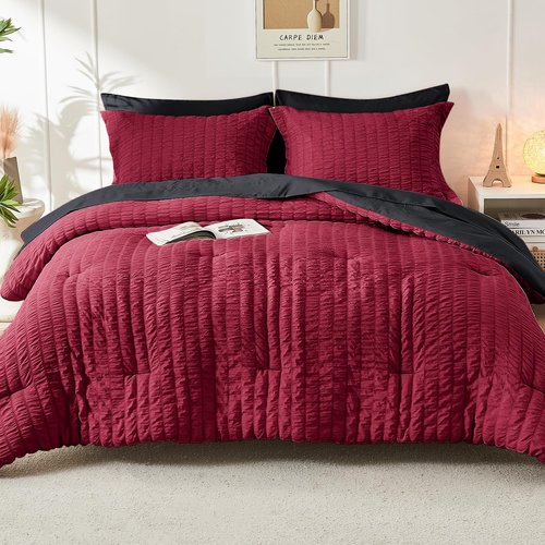 HYMOKEGE Red & Black Queen Comforter Set Seersucker 7 Pieces, All Season Luxury Bed in a Bag for Bedroom, Bedding Set with Comforters, Sheets, Pillowcases & Shams