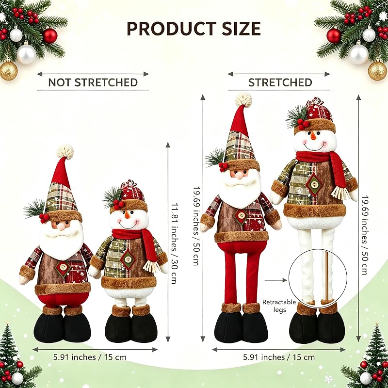 Christmas Extendable Santa & Snowman Plush Set - Standing Holiday Table Decor